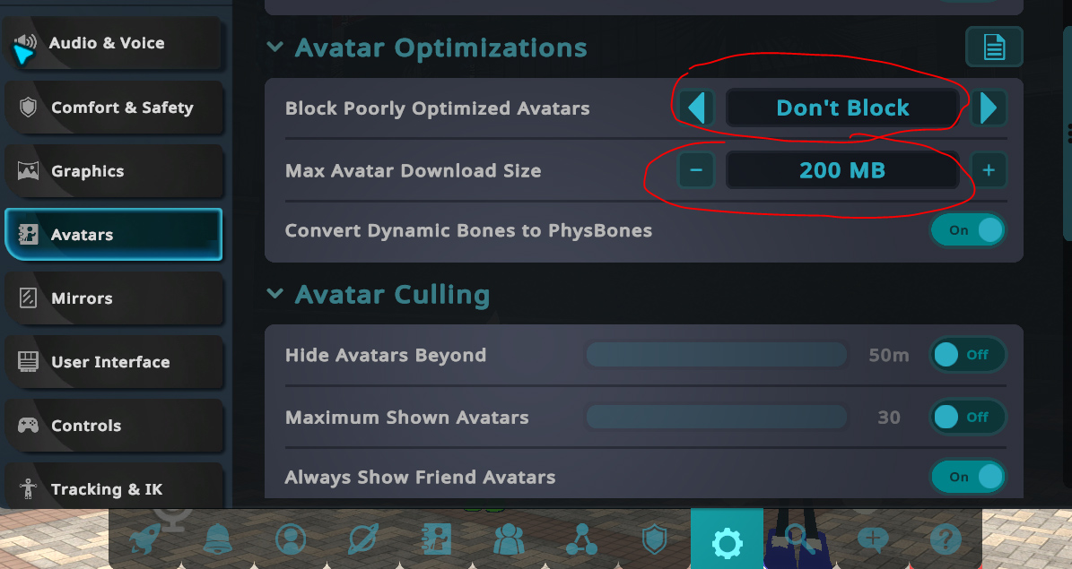 Optimized　Avatarsの設定を変更画像